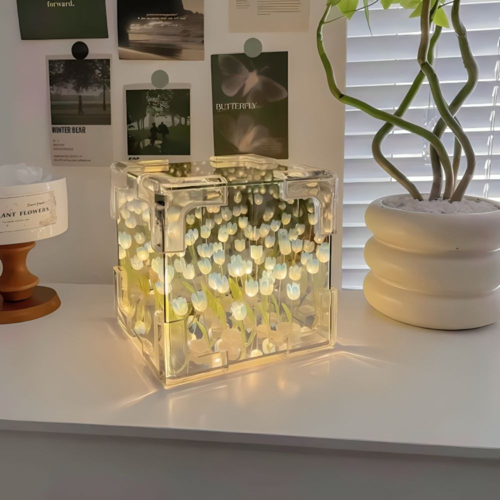 Cube Mirror Tulip Flower Night Light | ePonnoBazar